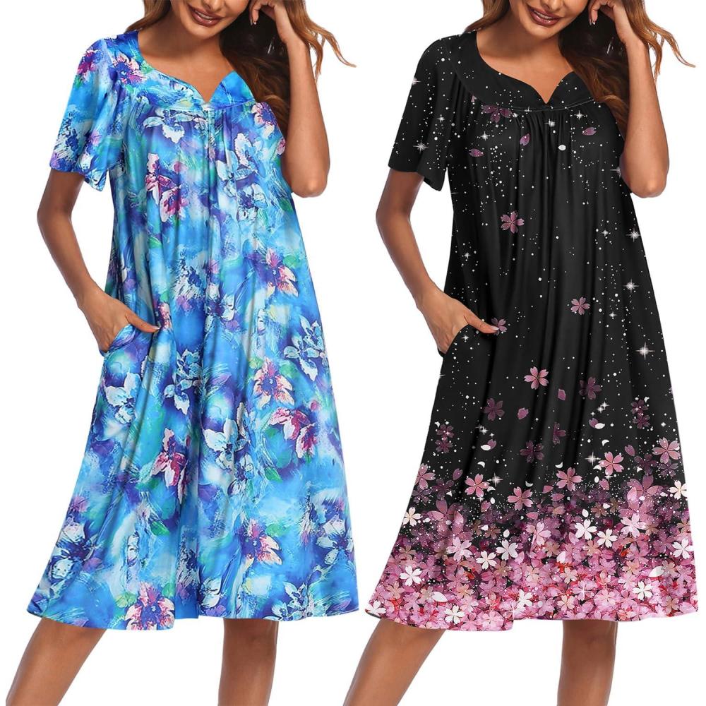 imageEkouaer 2 Pack House Dresses for Women with Pockets Short Sleeve Moo Moos Floral Print Mumu DressesBlue FloralCherry Blossoms