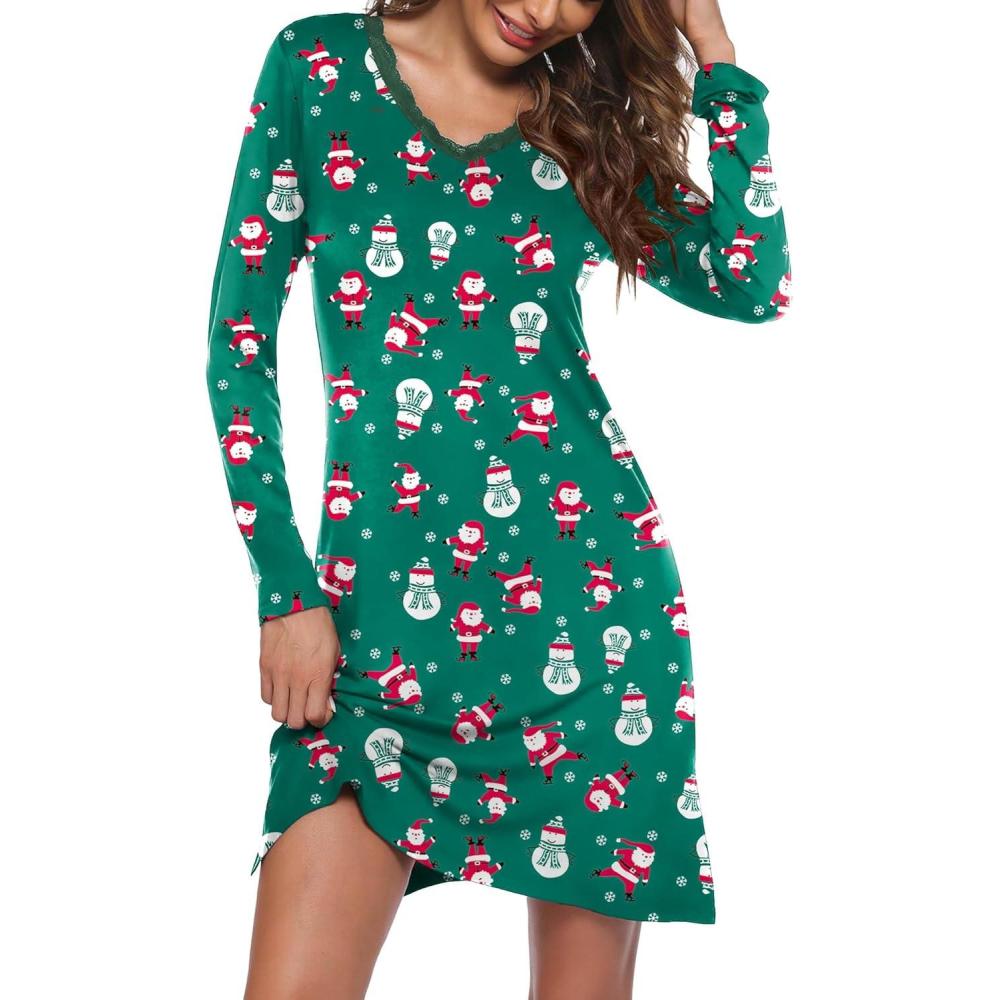 imageEkouaer Long Sleeve Nightgowns for Women Sexy Lace Night Shirt V Neck Sleep Shirt Soft SleepwearChristmas Santa 1