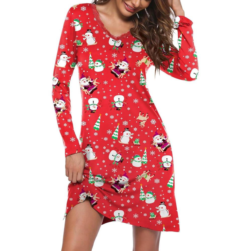 imageEkouaer Long Sleeve Nightgowns for Women Sexy Lace Night Shirt V Neck Sleep Shirt Soft SleepwearChristmas Santa 2
