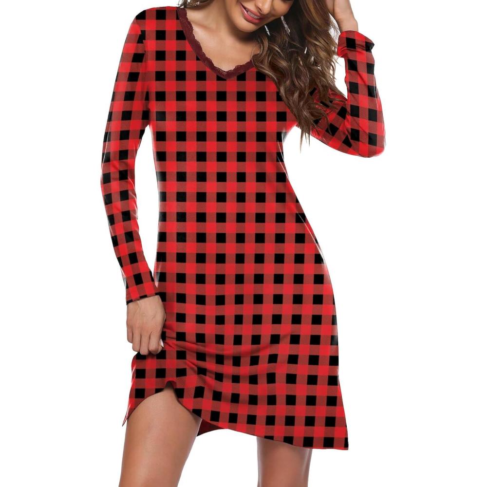 imageEkouaer Long Sleeve Nightgowns for Women Sexy Lace Night Shirt V Neck Sleep Shirt Soft SleepwearRed  Black Plaid