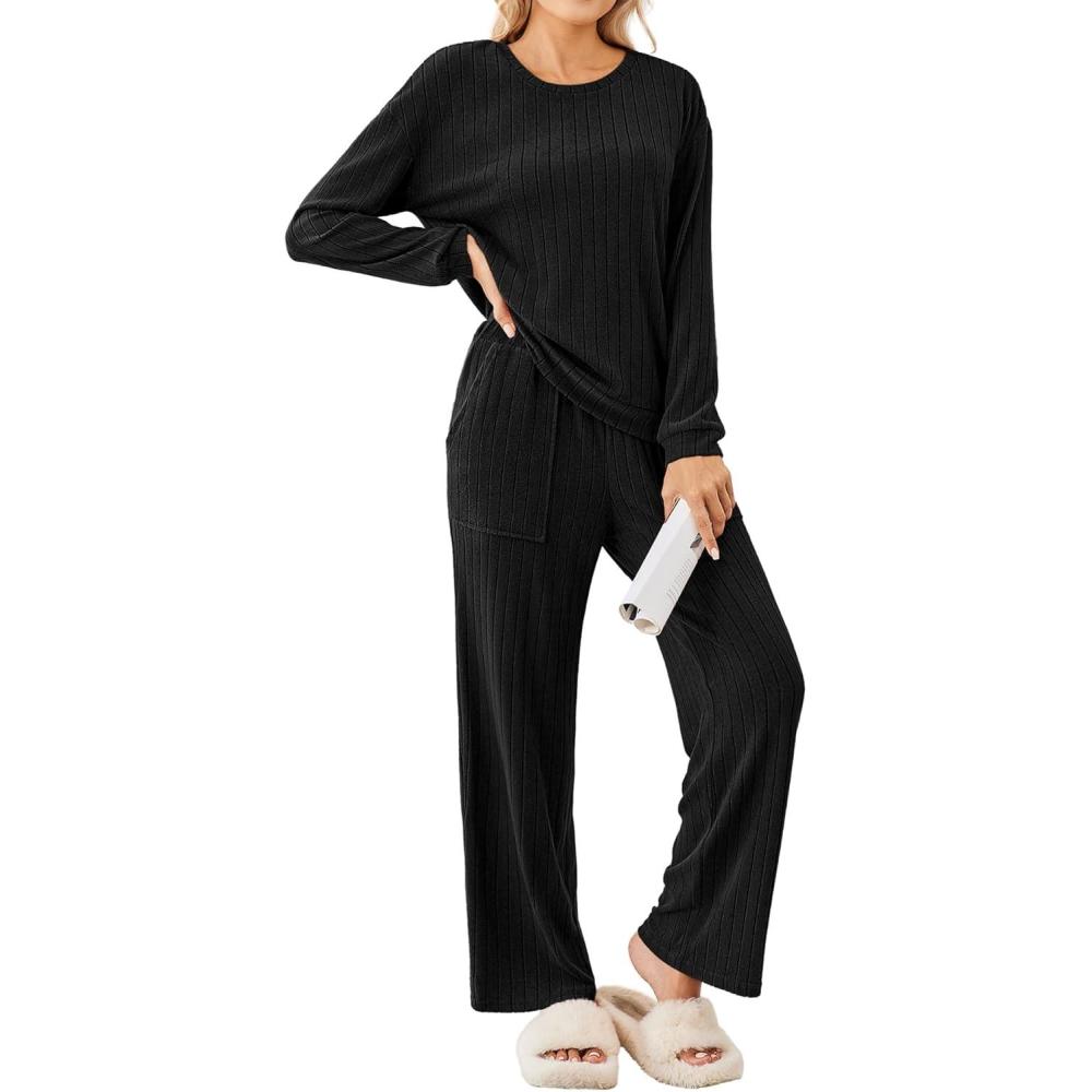 imageEkouaer Lounge Sets for Women Ribbed Knit Pajama Sets 2 Piece Long Sleeve Pjs Soft Loungewear Outfits with PocketsBlack