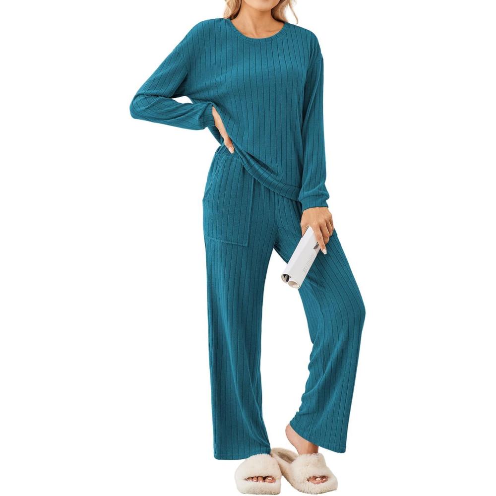 imageEkouaer Lounge Sets for Women Ribbed Knit Pajama Sets 2 Piece Long Sleeve Pjs Soft Loungewear Outfits with PocketsBlue Green