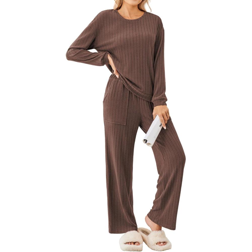 imageEkouaer Lounge Sets for Women Ribbed Knit Pajama Sets 2 Piece Long Sleeve Pjs Soft Loungewear Outfits with PocketsBrown
