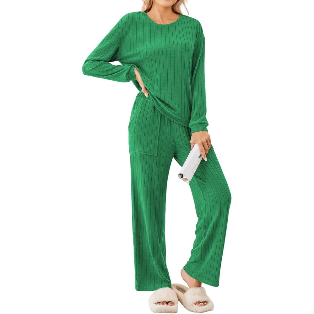 imageEkouaer Lounge Sets for Women Ribbed Knit Pajama Sets 2 Piece Long Sleeve Pjs Soft Loungewear Outfits with PocketsDark Green