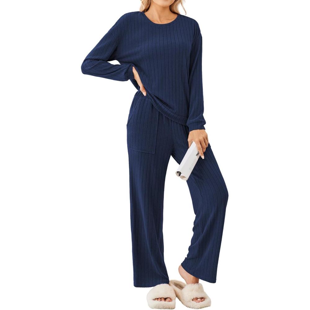 imageEkouaer Lounge Sets for Women Ribbed Knit Pajama Sets 2 Piece Long Sleeve Pjs Soft Loungewear Outfits with PocketsNavy Blue
