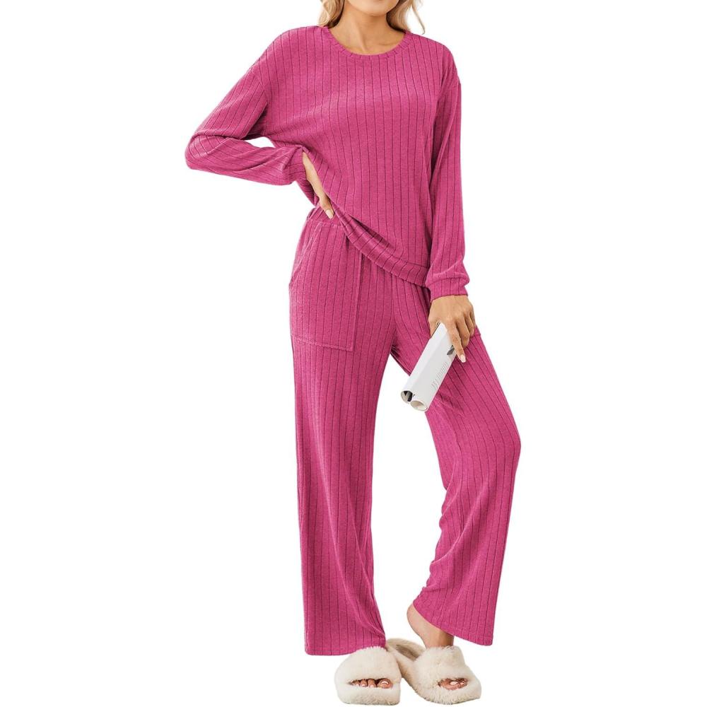 imageEkouaer Lounge Sets for Women Ribbed Knit Pajama Sets 2 Piece Long Sleeve Pjs Soft Loungewear Outfits with PocketsRose Red