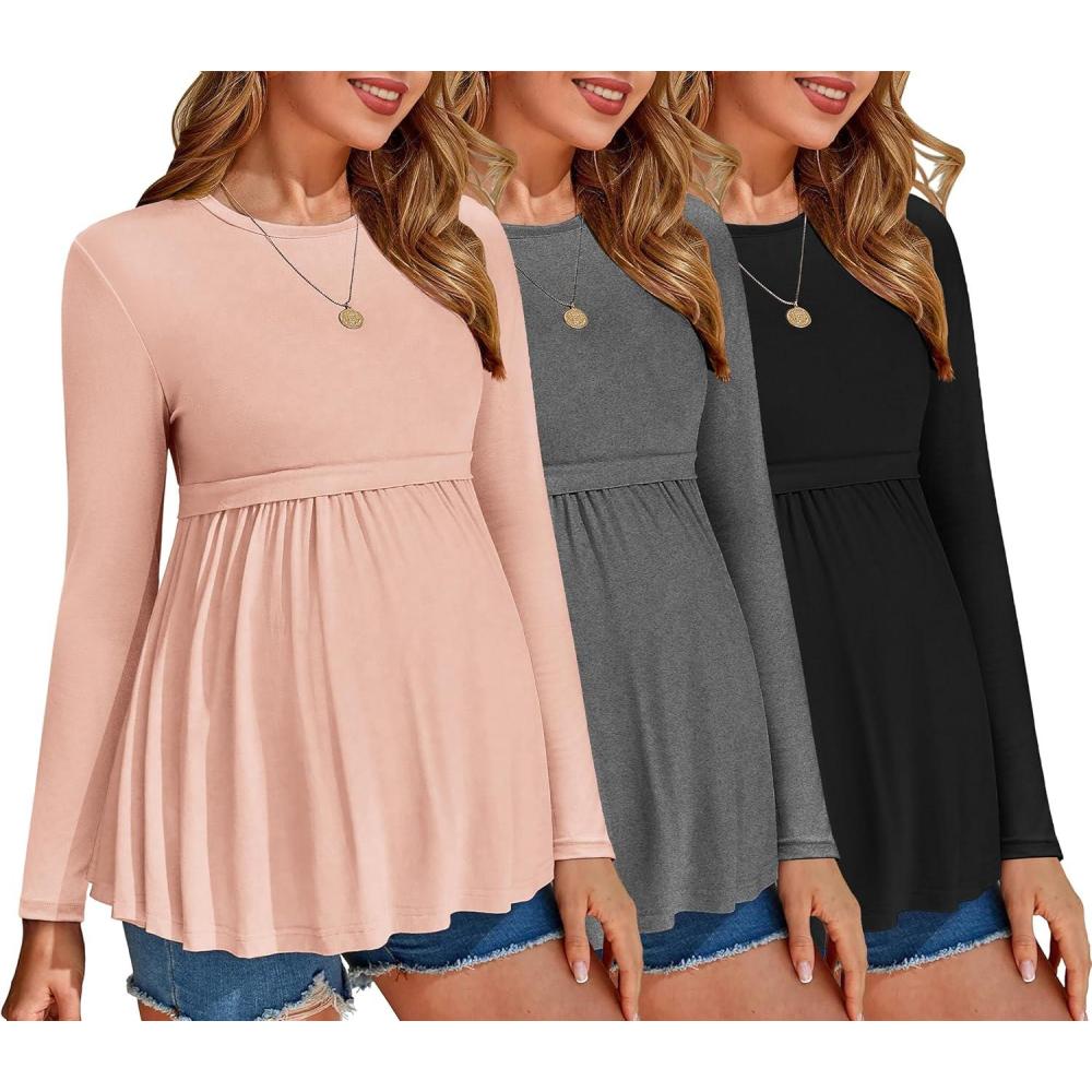 imageEkouaer Maternity Shirts 3 Packs Pleated Long Sleeve Tops Tunic Casual Pregnancy ClothesBlackGreyPink