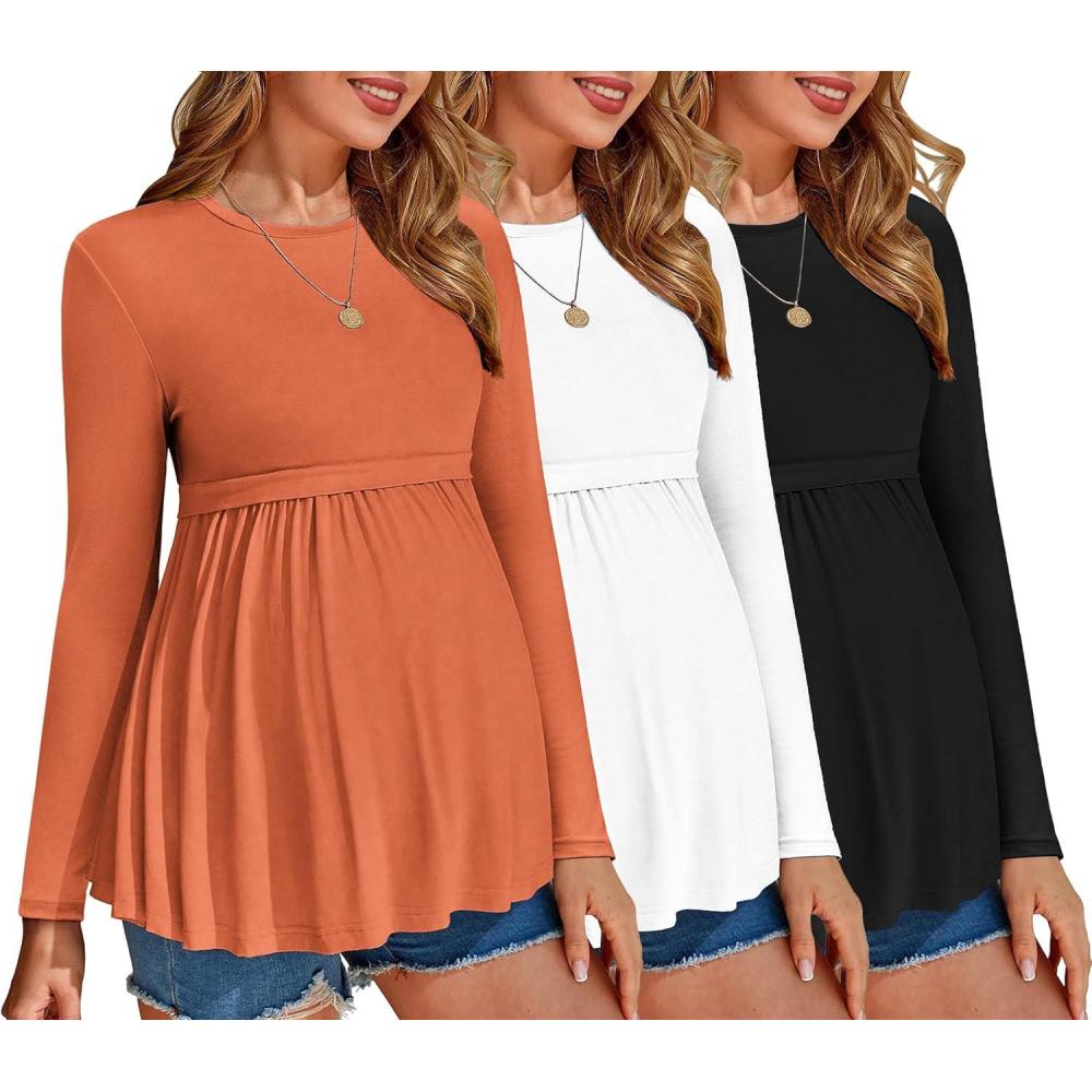 imageEkouaer Maternity Shirts 3 Packs Pleated Long Sleeve Tops Tunic Casual Pregnancy ClothesBlackWhiteCaramel