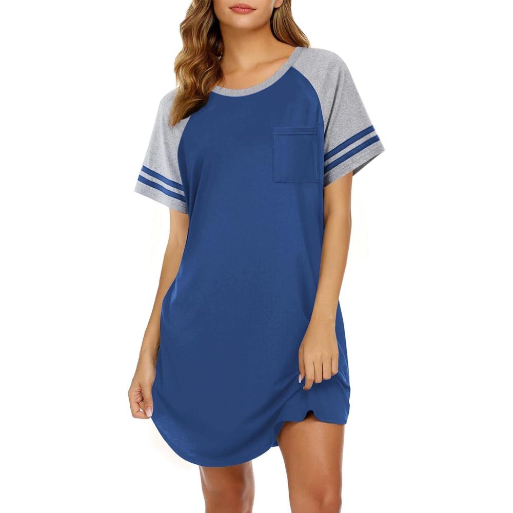 imageEkouaer Nightgowns for Women Short Sleeve Sleepshirts Crew Neck Nightshirts Color Block Pajamas Dress Soft SleepwearBlue