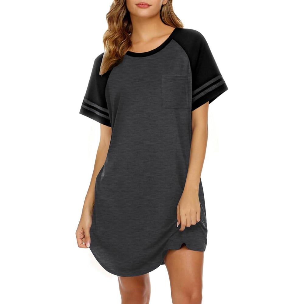 imageEkouaer Nightgowns for Women Short Sleeve Sleepshirts Crew Neck Nightshirts Color Block Pajamas Dress Soft SleepwearDark Grey