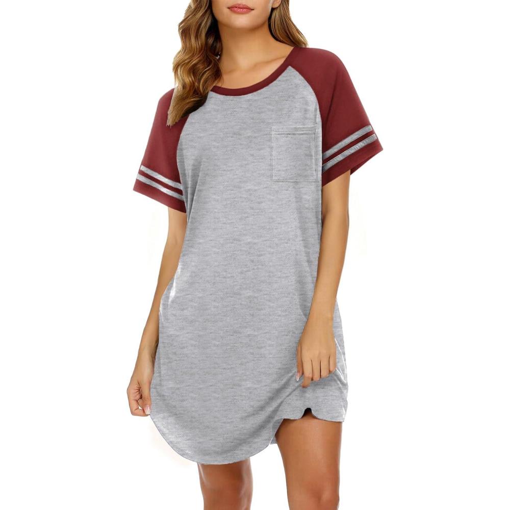 imageEkouaer Nightgowns for Women Short Sleeve Sleepshirts Crew Neck Nightshirts Color Block Pajamas Dress Soft SleepwearLight Grey