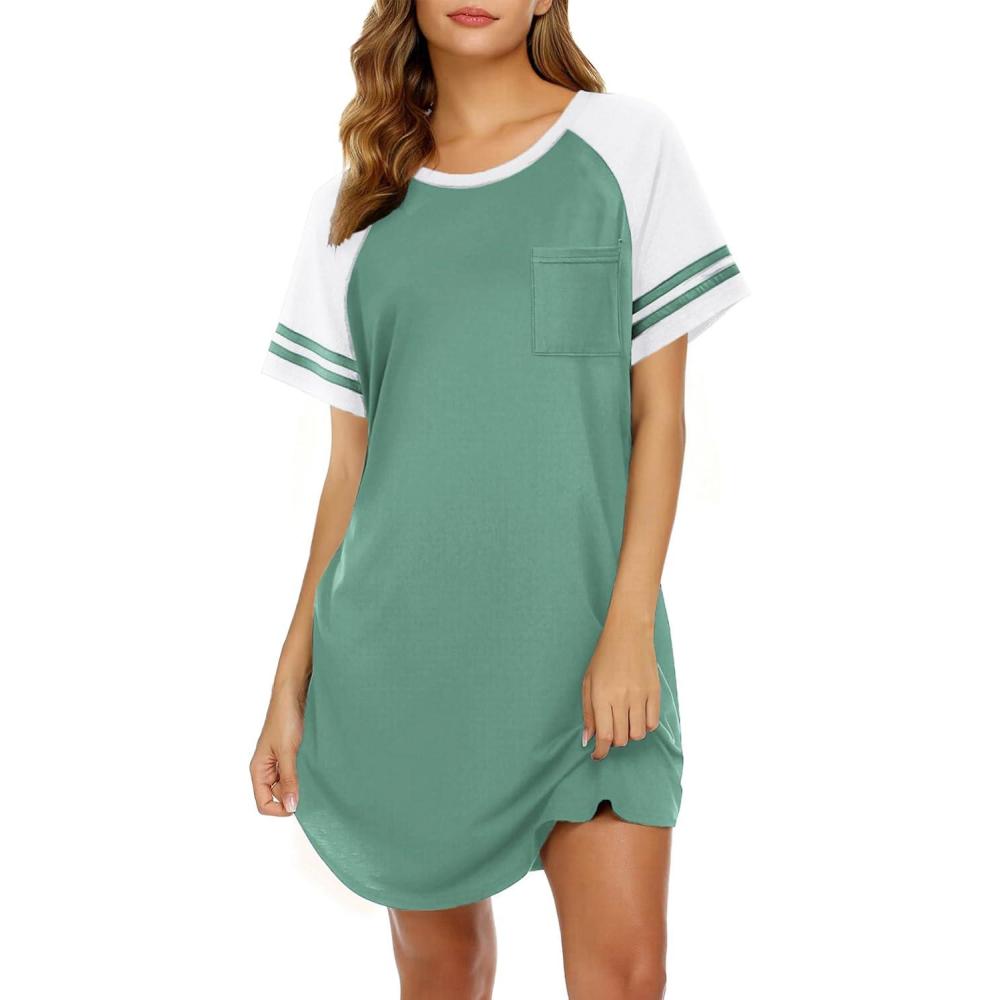 imageEkouaer Nightgowns for Women Short Sleeve Sleepshirts Crew Neck Nightshirts Color Block Pajamas Dress Soft SleepwearMint Green