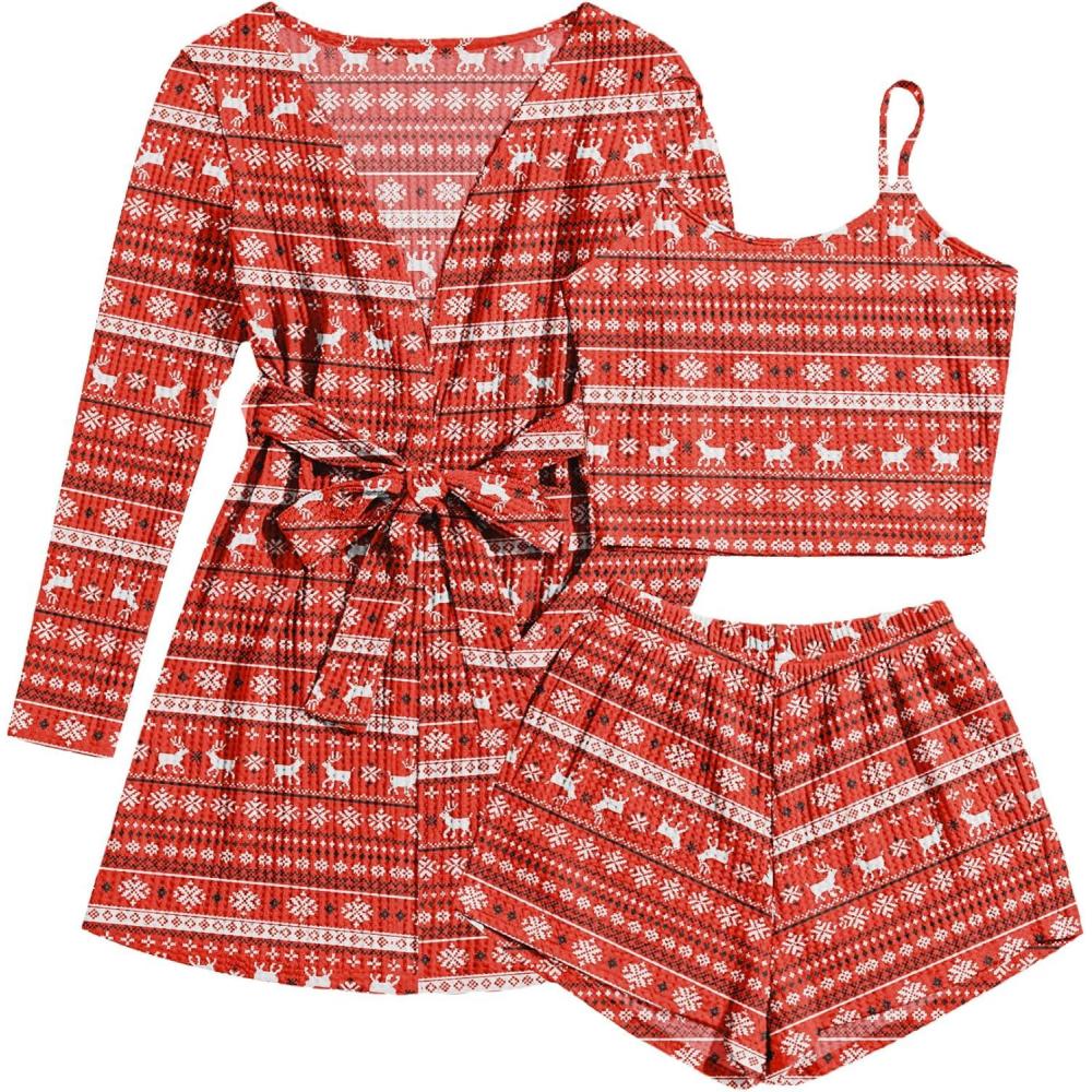 imageEkouaer Pajamas for Women Set 3 Piece Lounge Set Soft Pajama Sets Waffle Knit Tank Top and Shorts Cardigan with Pockets SXXLRed Christmas Pattern