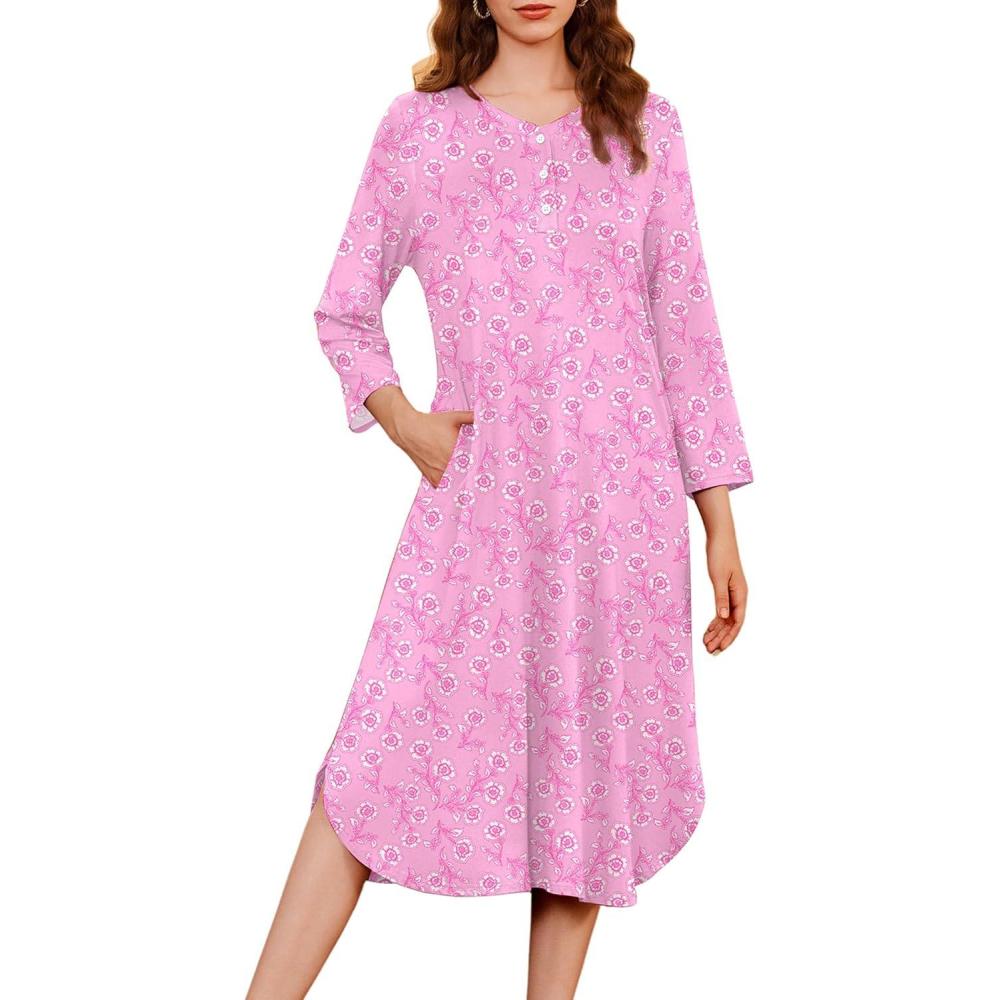 imageEkouaer Womens Long Nightgowns Plaid Sleepwear Soft Loose Nightshirt 34 Sleeve Plus Size Housecoat with Button ampamp PocketsPink Florals