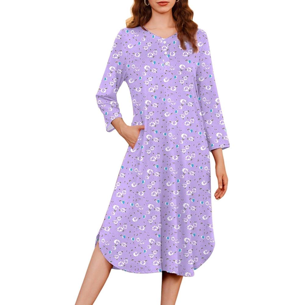 imageEkouaer Womens Long Nightgowns Plaid Sleepwear Soft Loose Nightshirt 34 Sleeve Plus Size Housecoat with Button ampamp PocketsPurple Flowers