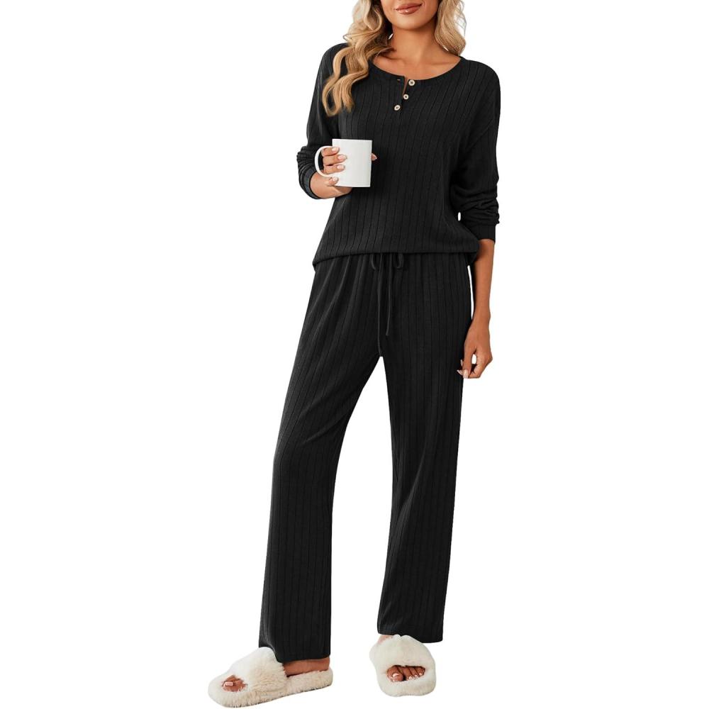 imageEkouaer Womens Pajamas Set 2 Piece Lounge Sets Ribbed Knit Button Down Pjs Set Fleece Long Sleeve SleepwearBlack