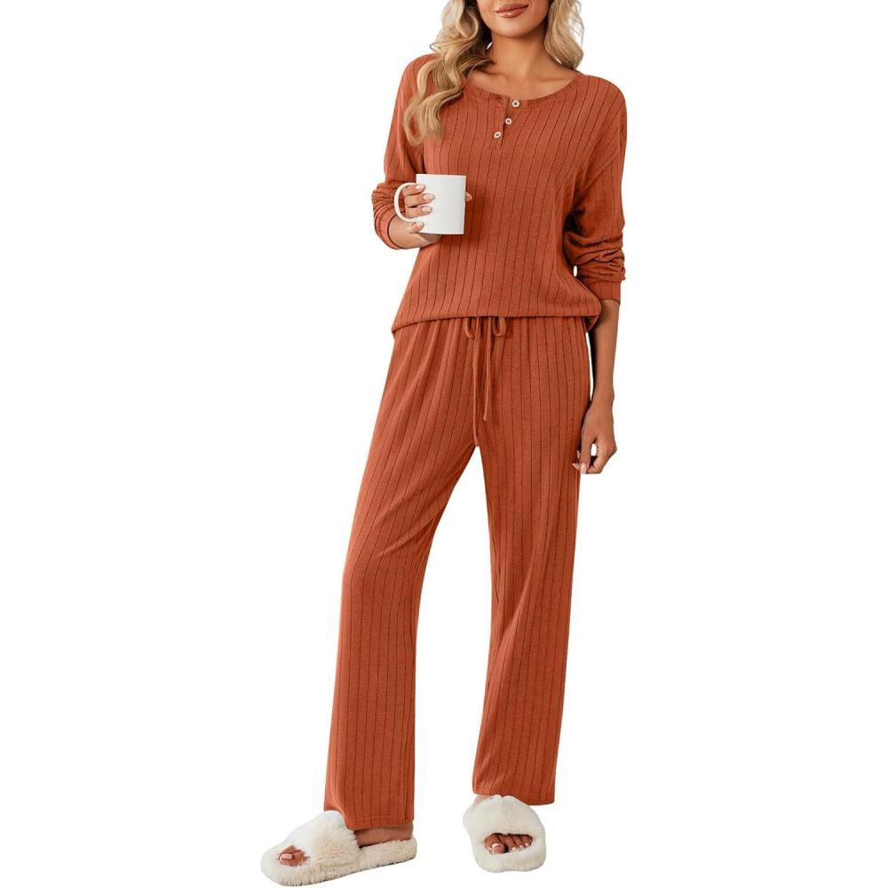 imageEkouaer Womens Pajamas Set 2 Piece Lounge Sets Ribbed Knit Button Down Pjs Set Fleece Long Sleeve SleepwearBrick Red