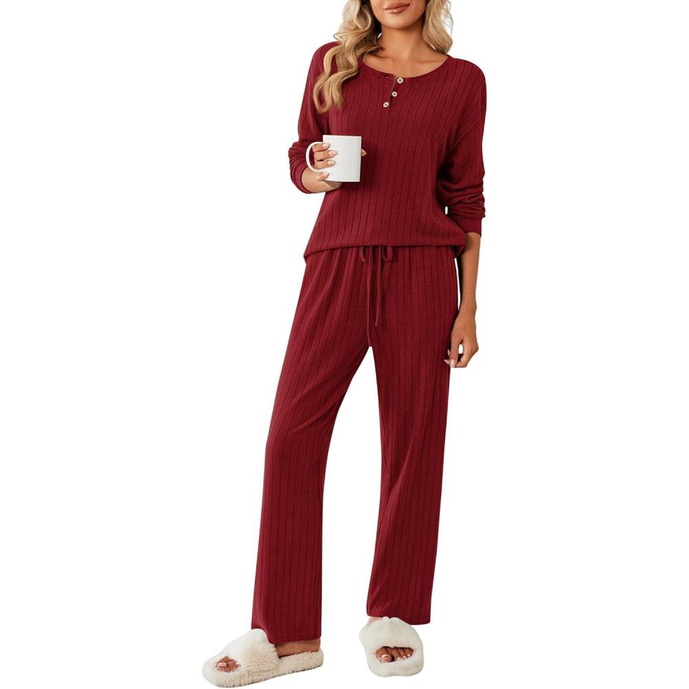 imageEkouaer Womens Pajamas Set 2 Piece Lounge Sets Ribbed Knit Button Down Pjs Set Fleece Long Sleeve SleepwearBurgundy