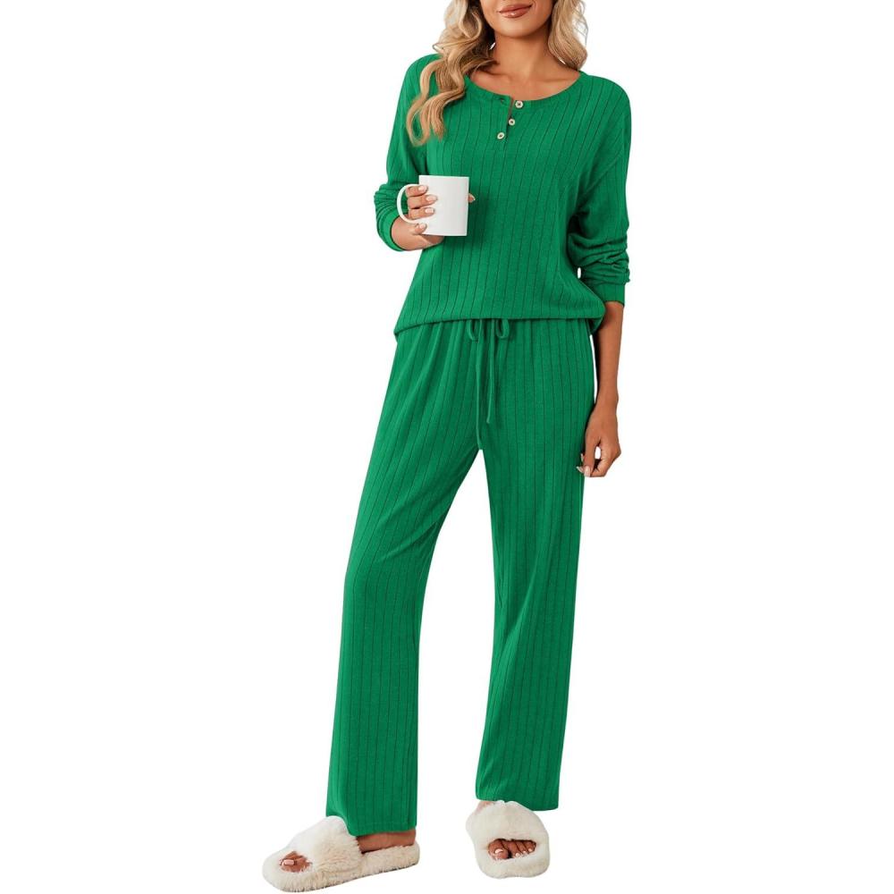 imageEkouaer Womens Pajamas Set 2 Piece Lounge Sets Ribbed Knit Button Down Pjs Set Fleece Long Sleeve SleepwearForest Green