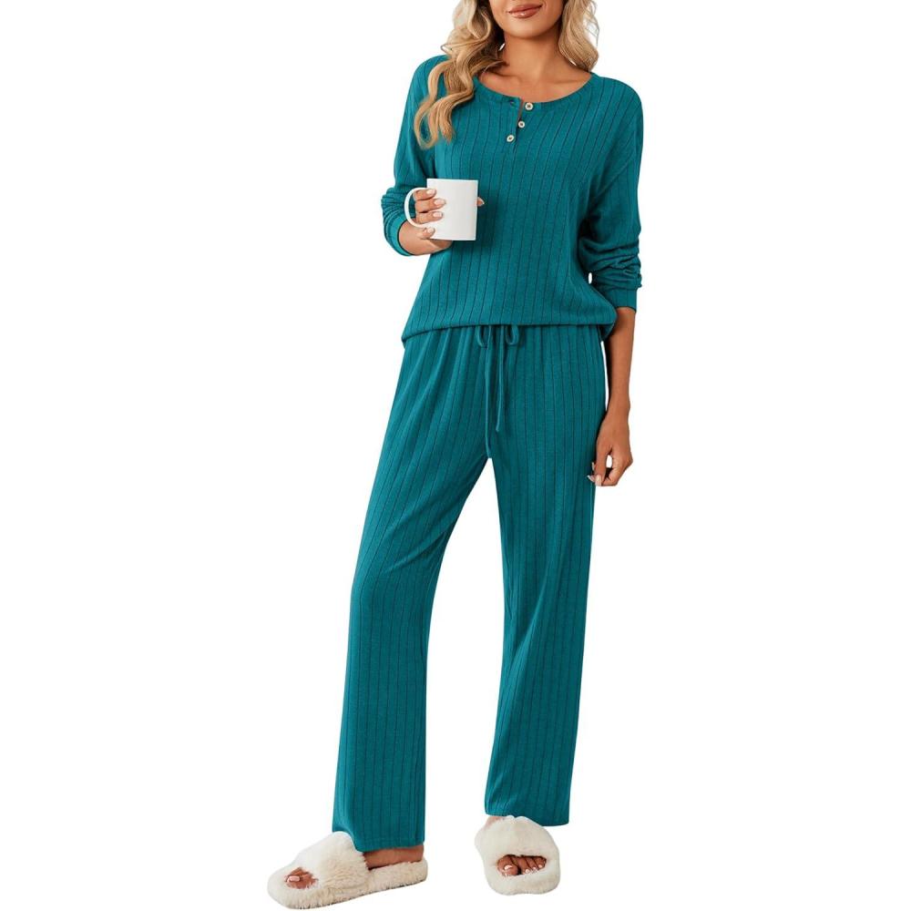 imageEkouaer Womens Pajamas Set 2 Piece Lounge Sets Ribbed Knit Button Down Pjs Set Fleece Long Sleeve SleepwearGreen