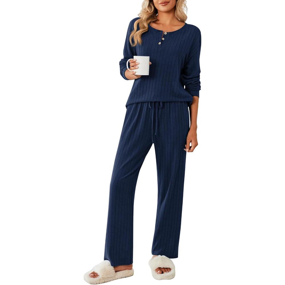 imageEkouaer Womens Pajamas Set 2 Piece Lounge Sets Ribbed Knit Button Down Pjs Set Fleece Long Sleeve SleepwearNavy Blue