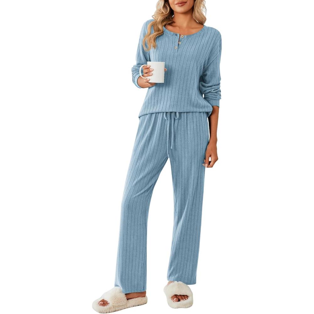 imageEkouaer Womens Pajamas Set 2 Piece Lounge Sets Ribbed Knit Button Down Pjs Set Fleece Long Sleeve SleepwearTeal Blue