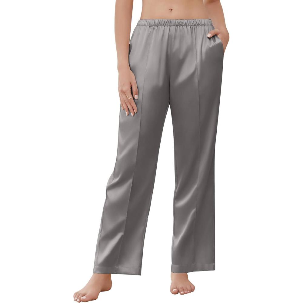 imageEkouaer Womens Silk Satin Pajama Pants Comfy Pj Pants for Women Elastic Waist Ladies Sleep Bottoms with Side PocketsDark Gray
