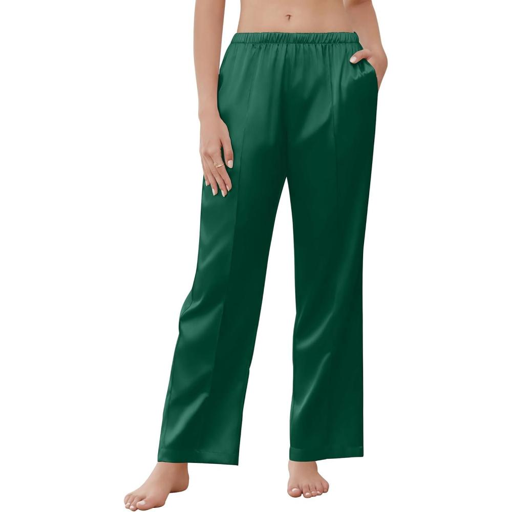 imageEkouaer Womens Silk Satin Pajama Pants Comfy Pj Pants for Women Elastic Waist Ladies Sleep Bottoms with Side PocketsDark Green