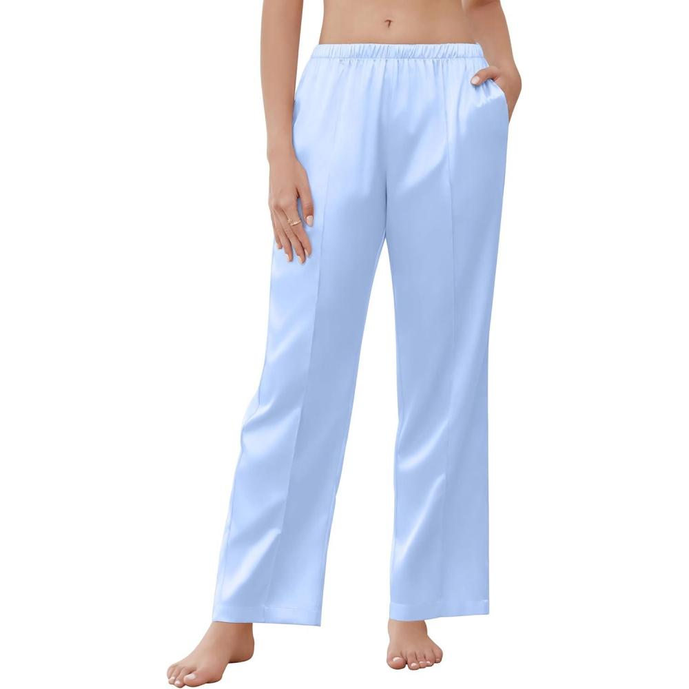 imageEkouaer Womens Silk Satin Pajama Pants Comfy Pj Pants for Women Elastic Waist Ladies Sleep Bottoms with Side PocketsLight Blue