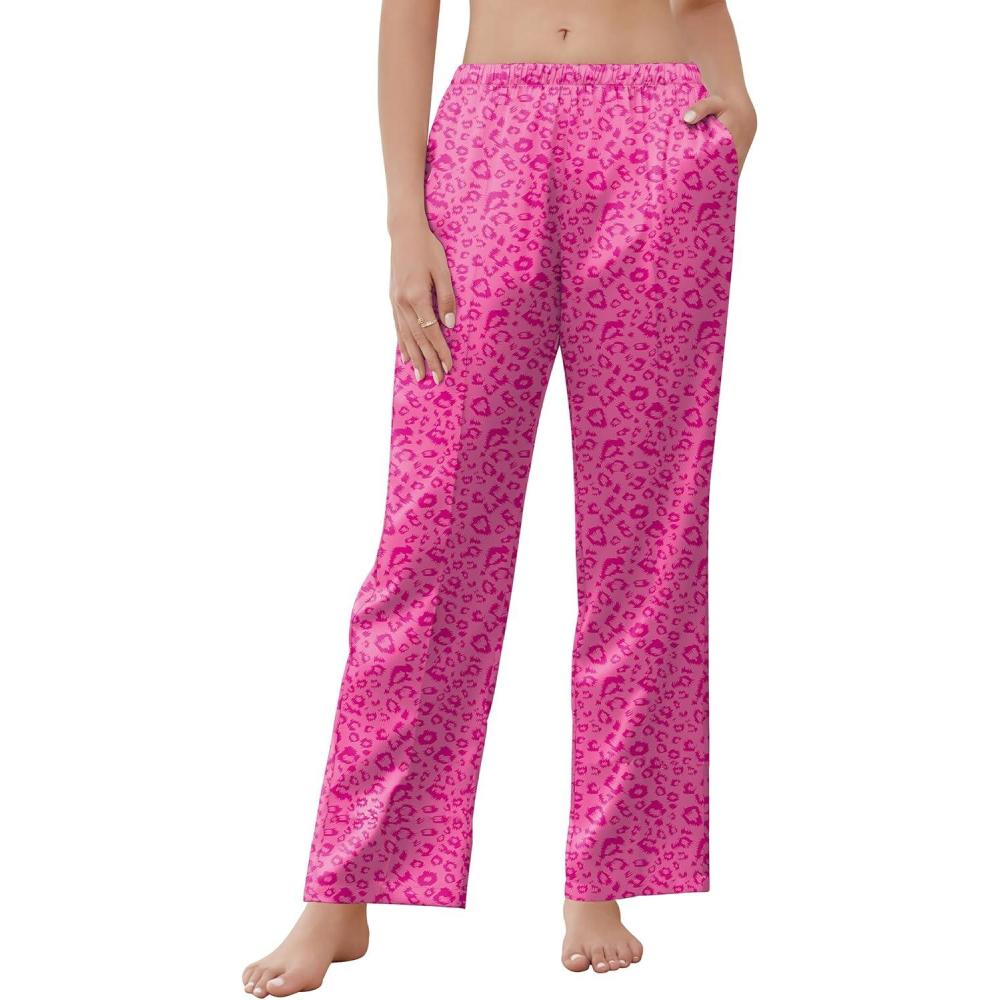 imageEkouaer Womens Silk Satin Pajama Pants Comfy Pj Pants for Women Elastic Waist Ladies Sleep Bottoms with Side PocketsPink Leopard