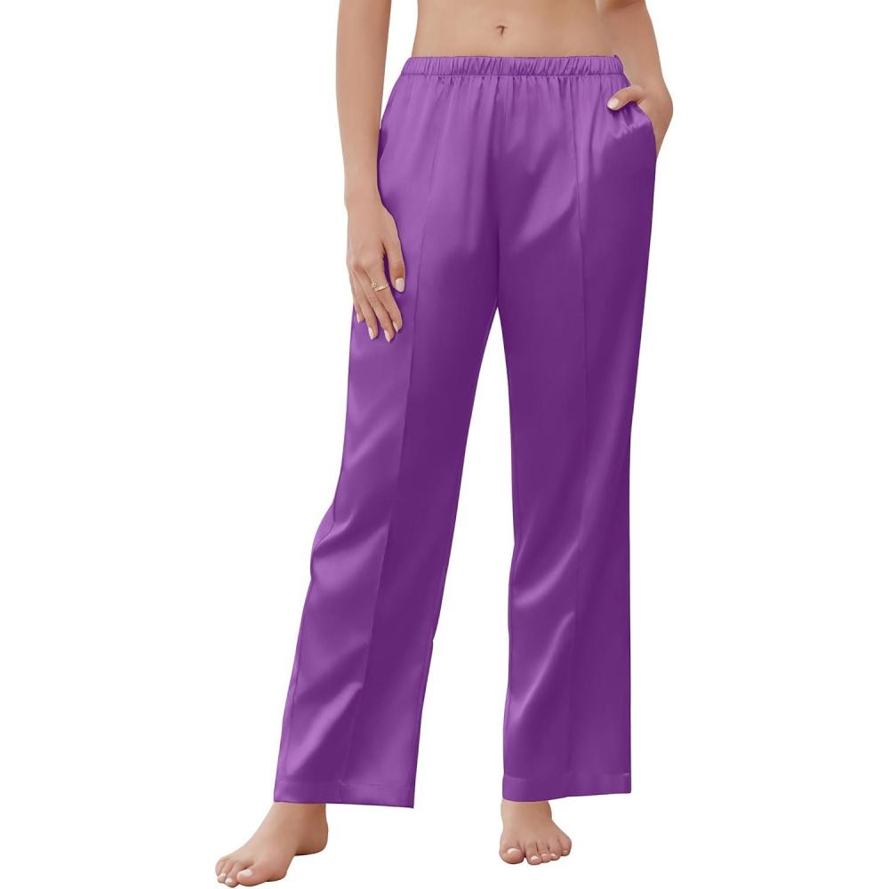 imageEkouaer Womens Silk Satin Pajama Pants Comfy Pj Pants for Women Elastic Waist Ladies Sleep Bottoms with Side PocketsPurple