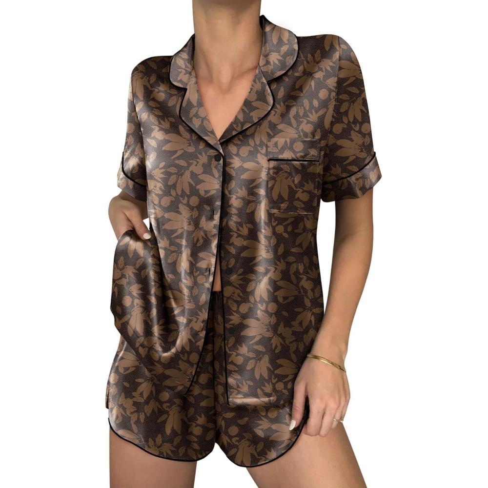imageEkouaer Womens Silk Satin Pajama Sets 2 Piece Button Down Silk Pjs Shorts Sets Short Sleeve Loungewear Soft Sleepwear SXXLBrown Leaf Print