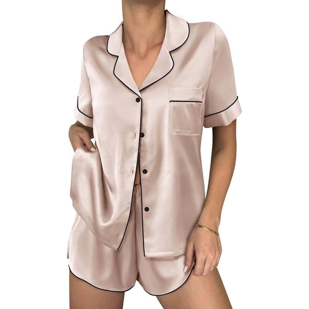 imageEkouaer Womens Silk Satin Pajama Sets 2 Piece Button Down Silk Pjs Shorts Sets Short Sleeve Loungewear Soft Sleepwear SXXLChampagne
