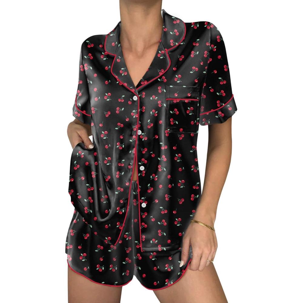 imageEkouaer Womens Silk Satin Pajama Sets 2 Piece Button Down Silk Pjs Shorts Sets Short Sleeve Loungewear Soft Sleepwear SXXLCherry Print