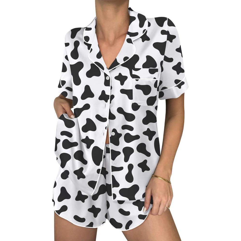 imageEkouaer Womens Silk Satin Pajama Sets 2 Piece Button Down Silk Pjs Shorts Sets Short Sleeve Loungewear Soft Sleepwear SXXLCow Print