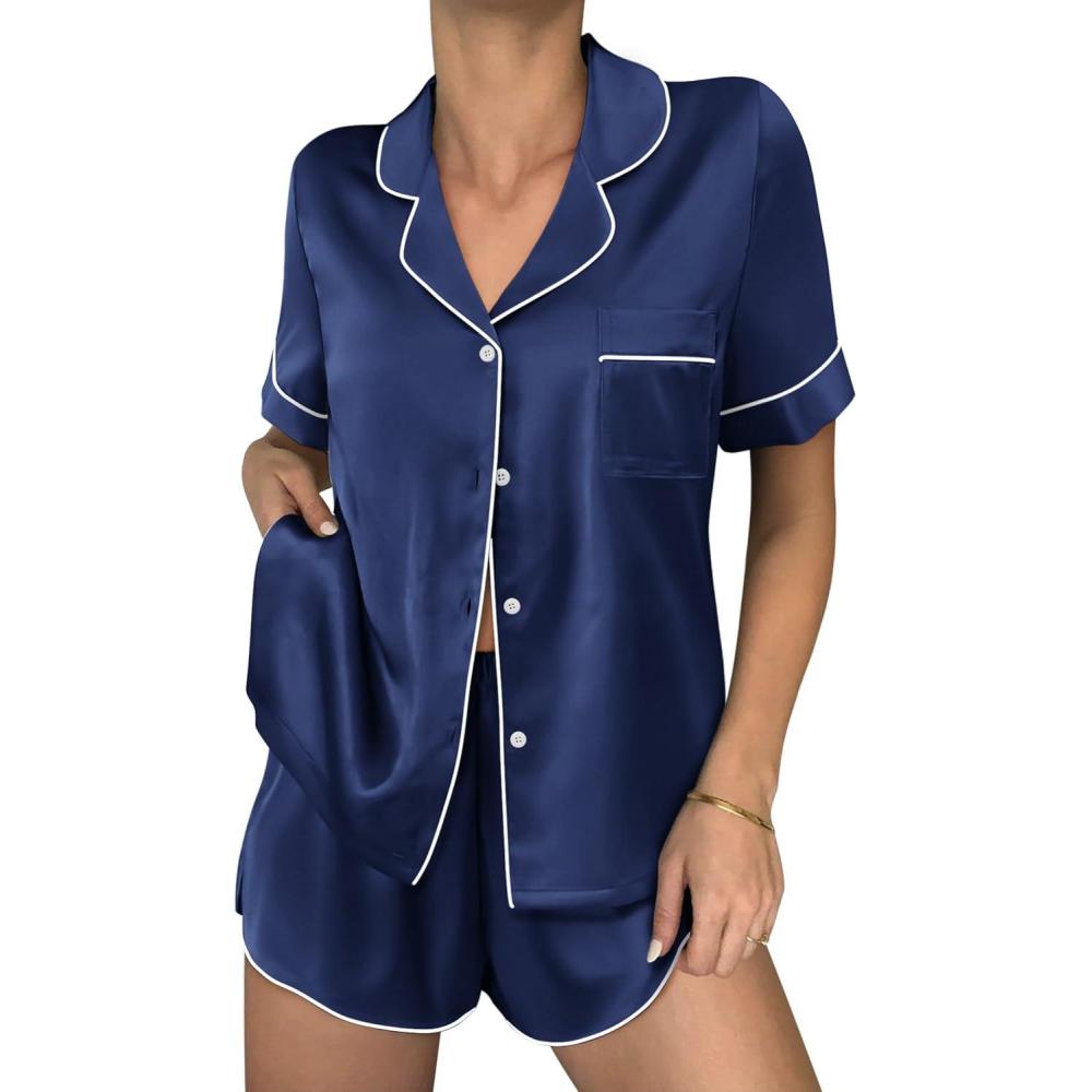 imageEkouaer Womens Silk Satin Pajama Sets 2 Piece Button Down Silk Pjs Shorts Sets Short Sleeve Loungewear Soft Sleepwear SXXLNavy Blue