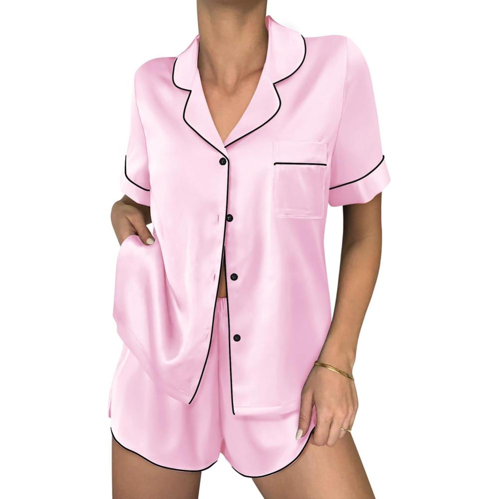 imageEkouaer Womens Silk Satin Pajama Sets 2 Piece Button Down Silk Pjs Shorts Sets Short Sleeve Loungewear Soft Sleepwear SXXLPink