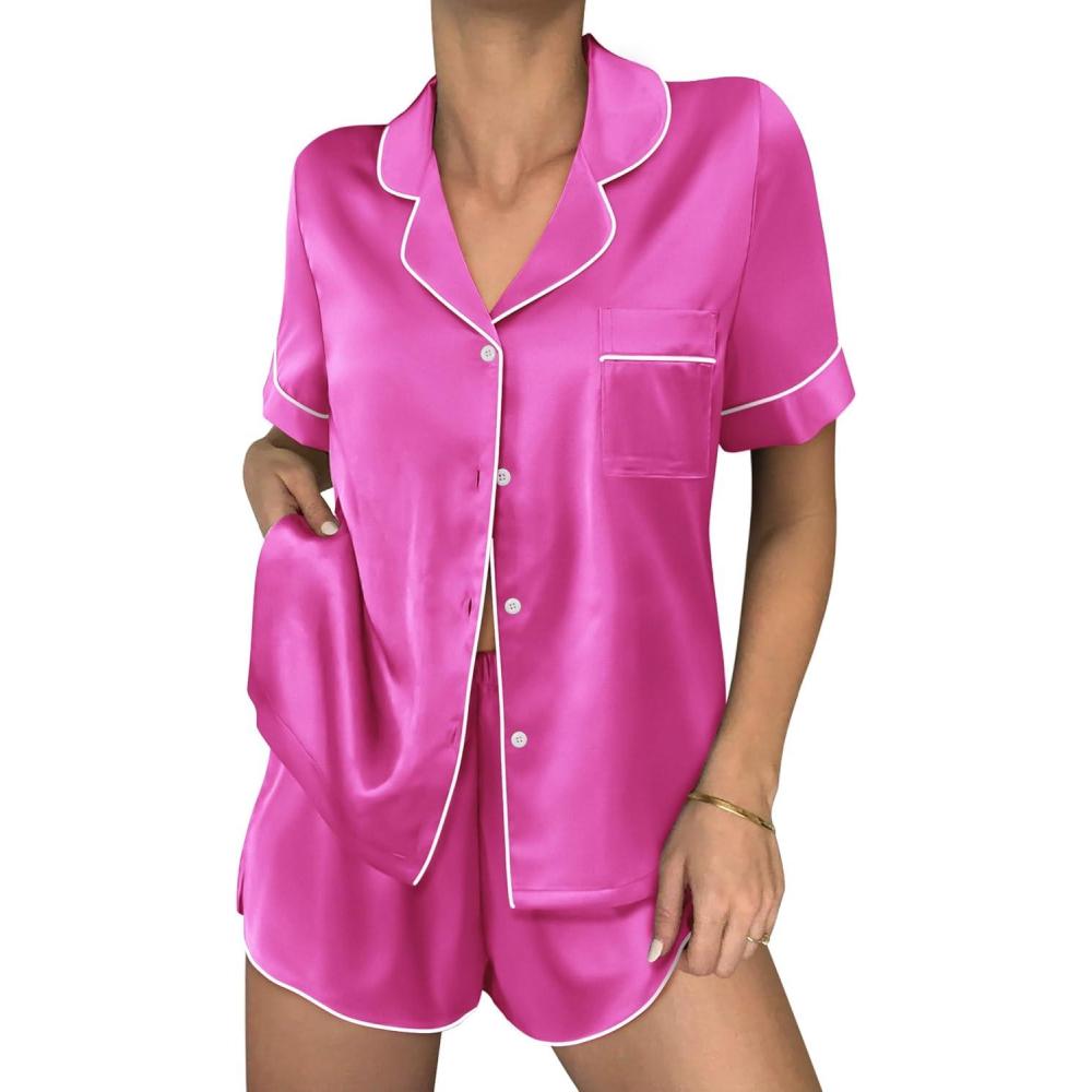 imageEkouaer Womens Silk Satin Pajama Sets 2 Piece Button Down Silk Pjs Shorts Sets Short Sleeve Loungewear Soft Sleepwear SXXLRose Red