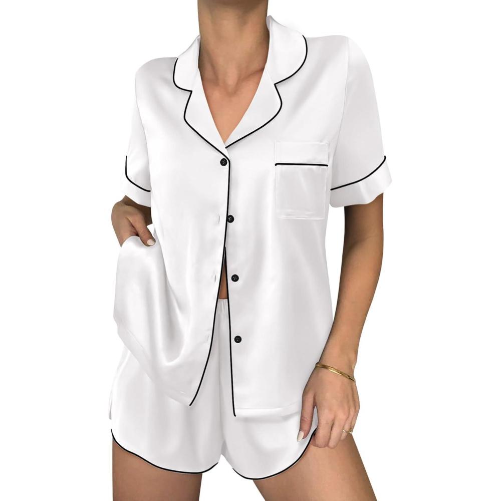 imageEkouaer Womens Silk Satin Pajama Sets 2 Piece Button Down Silk Pjs Shorts Sets Short Sleeve Loungewear Soft Sleepwear SXXLWhite