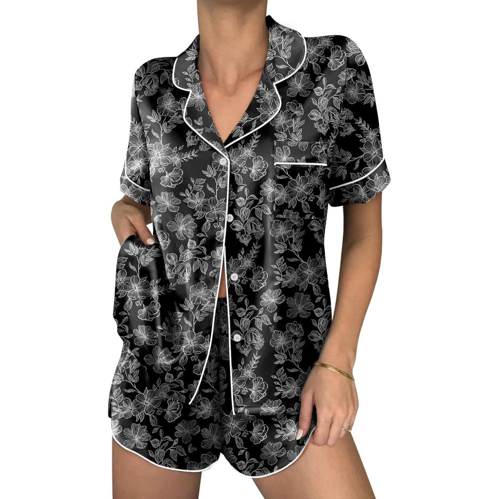 imageEkouaer Womens Silk Satin Pajama Sets 2 Piece Button Down Silk Pjs Shorts Sets Short Sleeve Loungewear Soft Sleepwear SXXLWhite Flower Print