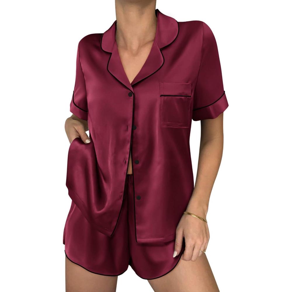imageEkouaer Womens Silk Satin Pajama Sets 2 Piece Button Down Silk Pjs Shorts Sets Short Sleeve Loungewear Soft Sleepwear SXXLWine Red