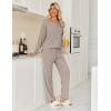 imageEkouaer Womens Pajamas Set 2 Piece Lounge Sets Ribbed Knit Button Down Pjs Set Fleece Long Sleeve SleepwearTaupe Gray