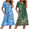 imageEkouaer 2 Pack House Dresses for Women with Pockets Short Sleeve Moo Moos Floral Print Mumu DressesBlue Floral Floral Green