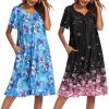 imageEkouaer 2 Pack House Dresses for Women with Pockets Short Sleeve Moo Moos Floral Print Mumu DressesBlue FloralCherry Blossoms