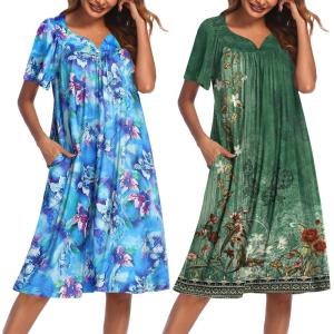 imageEkouaer 2 Pack House Dresses for Women with Pockets Short Sleeve Moo Moos Floral Print Mumu DressesBlue Floral Floral Green