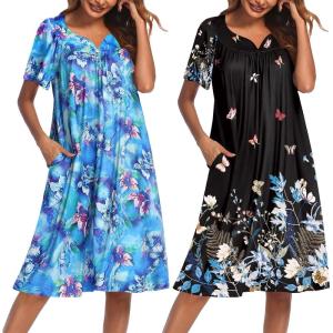 imageEkouaer 2 Pack House Dresses for Women with Pockets Short Sleeve Moo Moos Floral Print Mumu DressesBlue FloralButterfly Floral