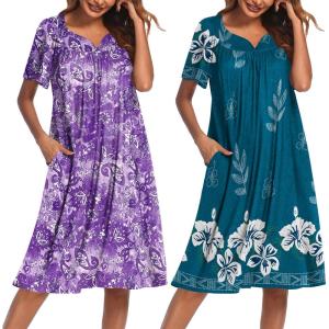imageEkouaer 2 Pack House Dresses for Women with Pockets Short Sleeve Moo Moos Floral Print Mumu DressesBlue FlowerPurple Floral