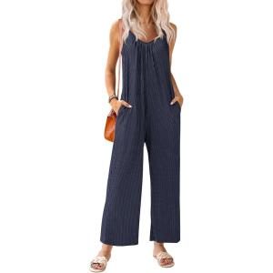 imageEkouaer Jumpsuits for Women Loose Sleeveless Adjustable Spaghetti Strap Romper Stretchy Wide Leg Pants Outfits with PocketsBlue