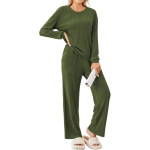 imageEkouaer Lounge Sets for Women Ribbed Knit Pajama Sets 2 Piece Long Sleeve Pjs Soft Loungewear Outfits with PocketsArmy Green