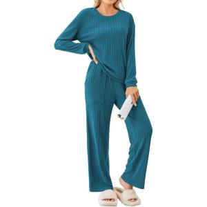 imageEkouaer Lounge Sets for Women Ribbed Knit Pajama Sets 2 Piece Long Sleeve Pjs Soft Loungewear Outfits with PocketsBlue Green
